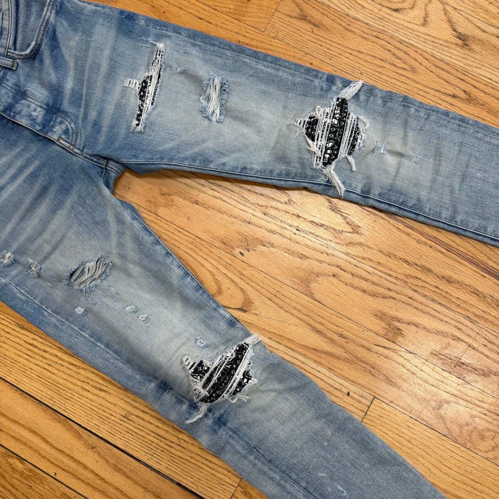 Amiri MX1 Blue Denim Black Paisley Patch Size 28