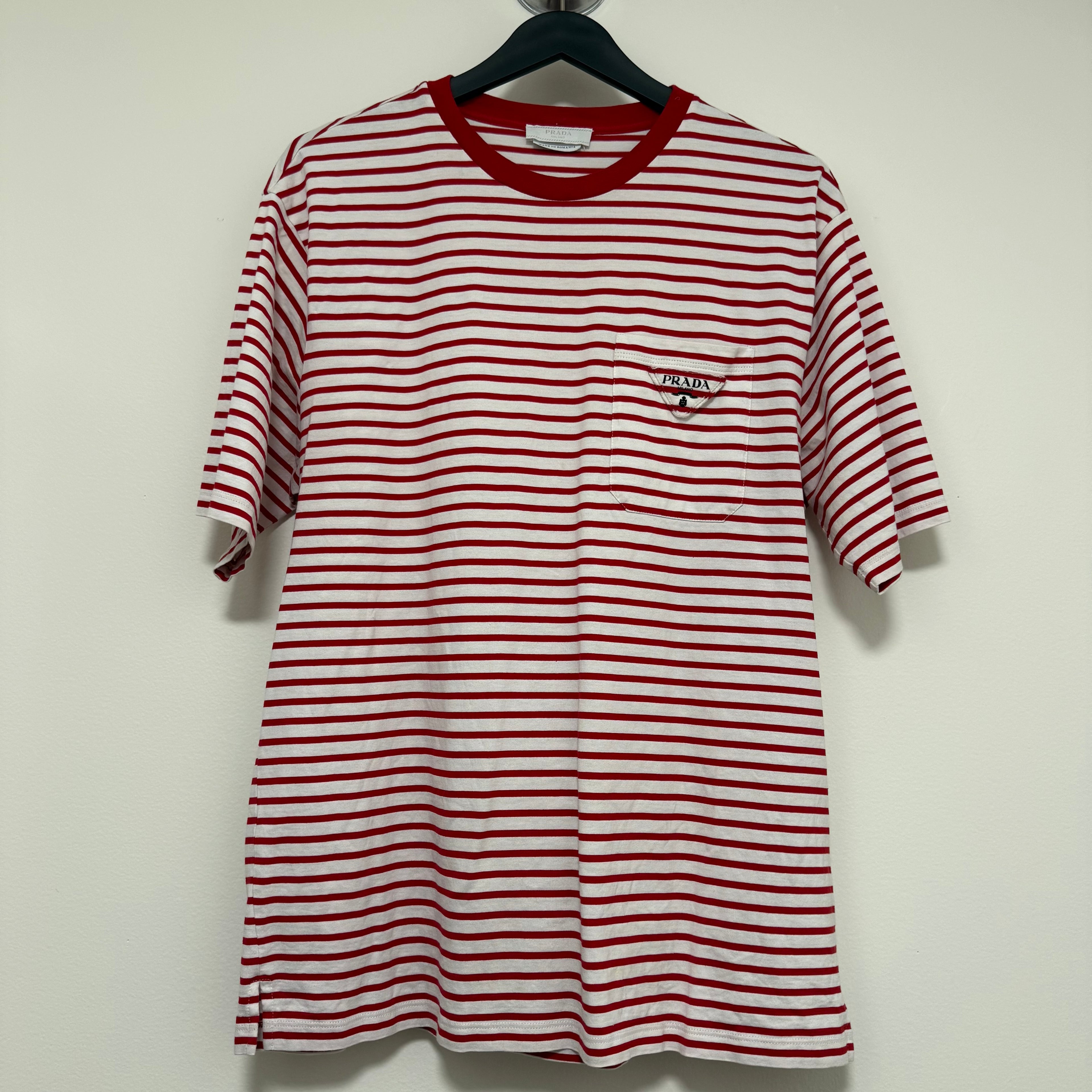 Prada Red White Cotton Logo Striped Shirt Sz Large