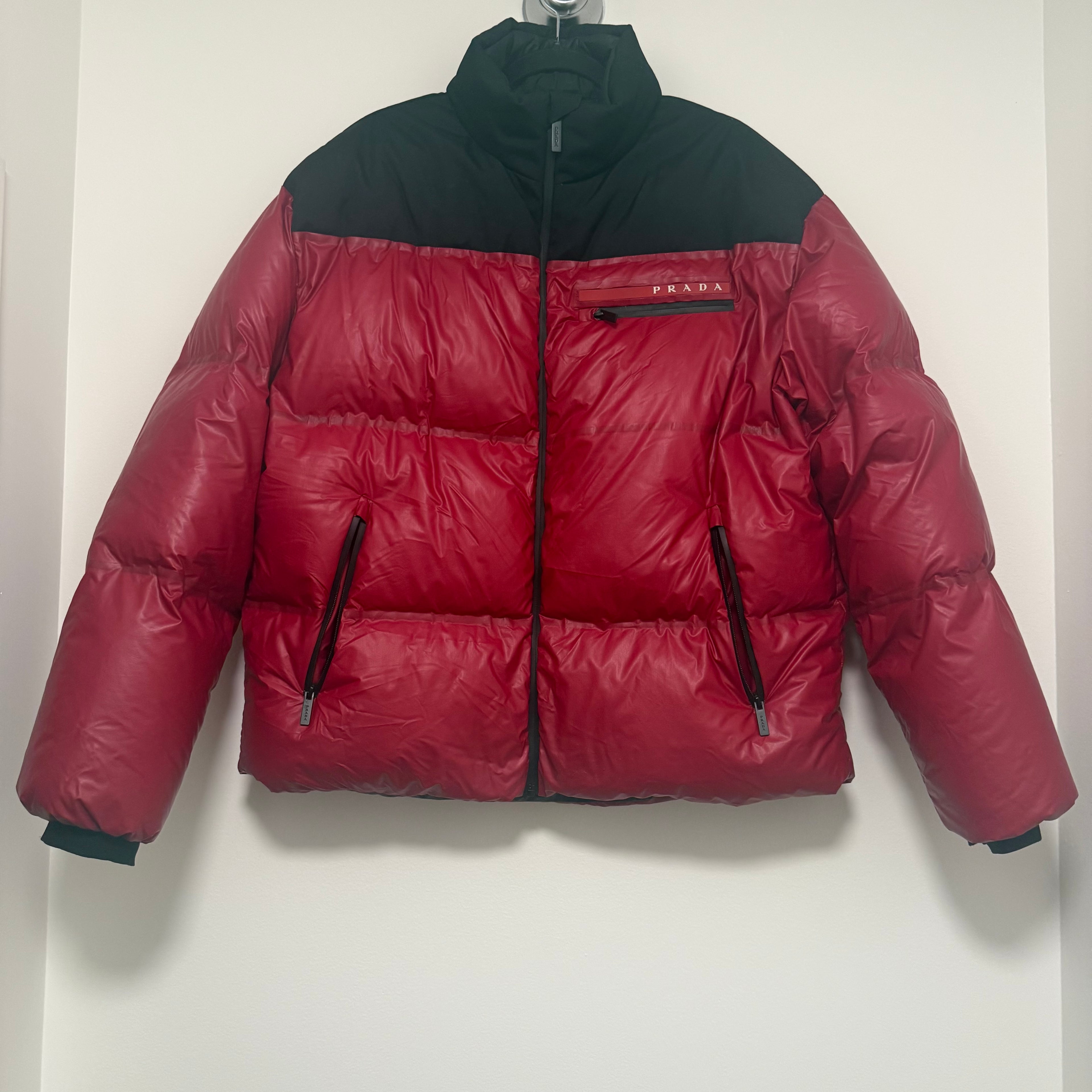 Prada Sport Linea Rossa Logo patch Down jacket Nylon Black Red Sz Large