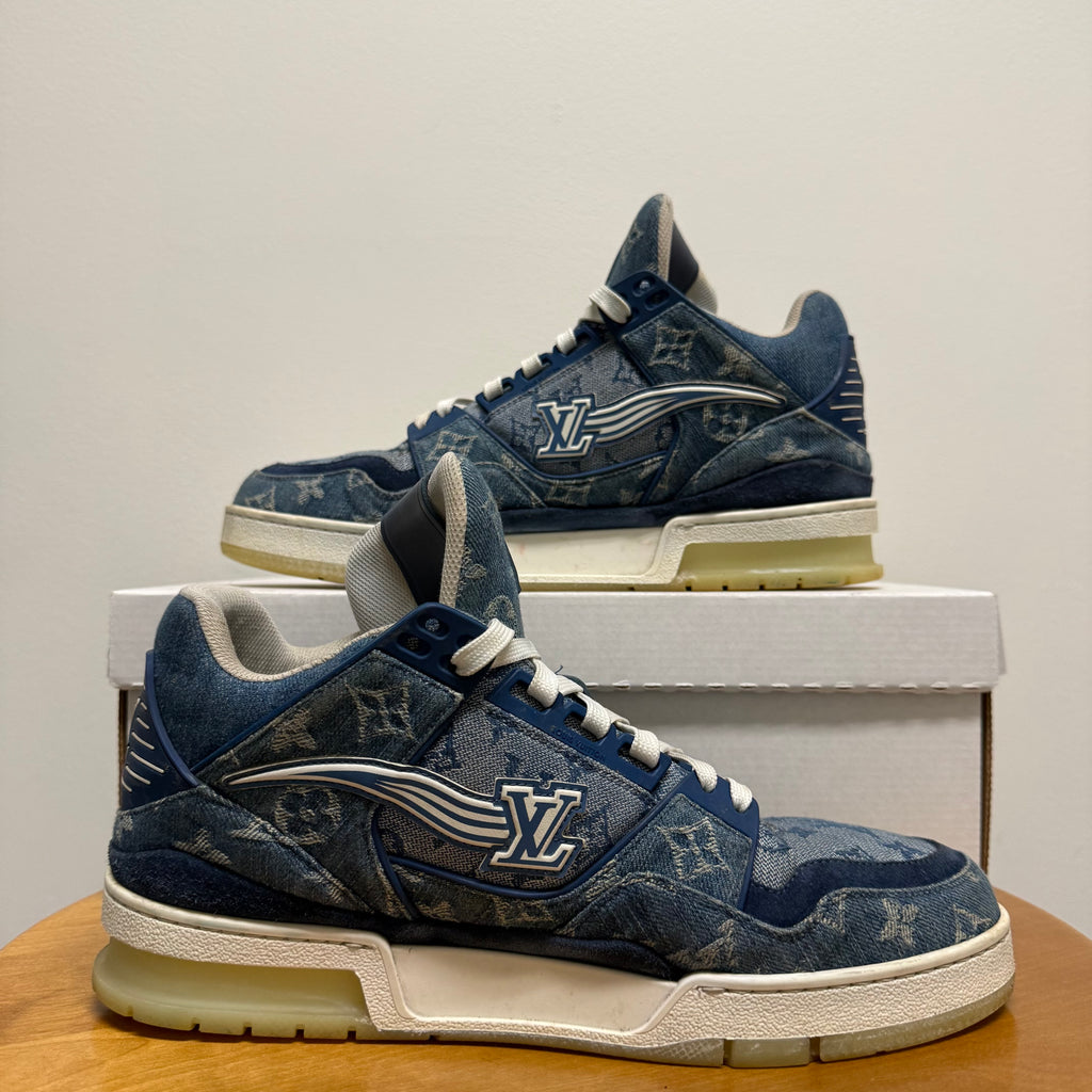Louis Vuitton Trainer Denim Monogram Blue White Sz 8.5 (7LV)