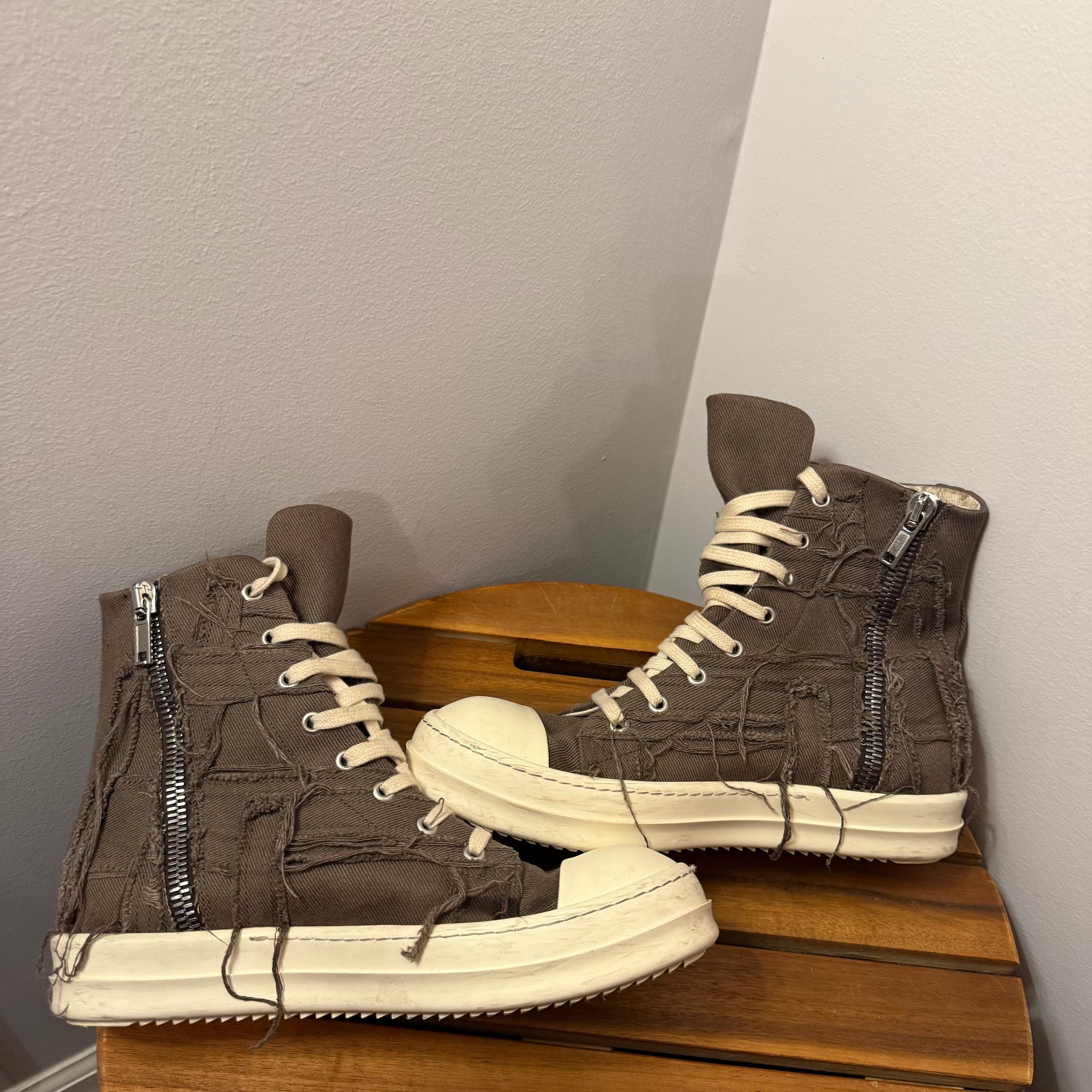 Rick Owens Brown Slashed Denim Sneaker Size 8