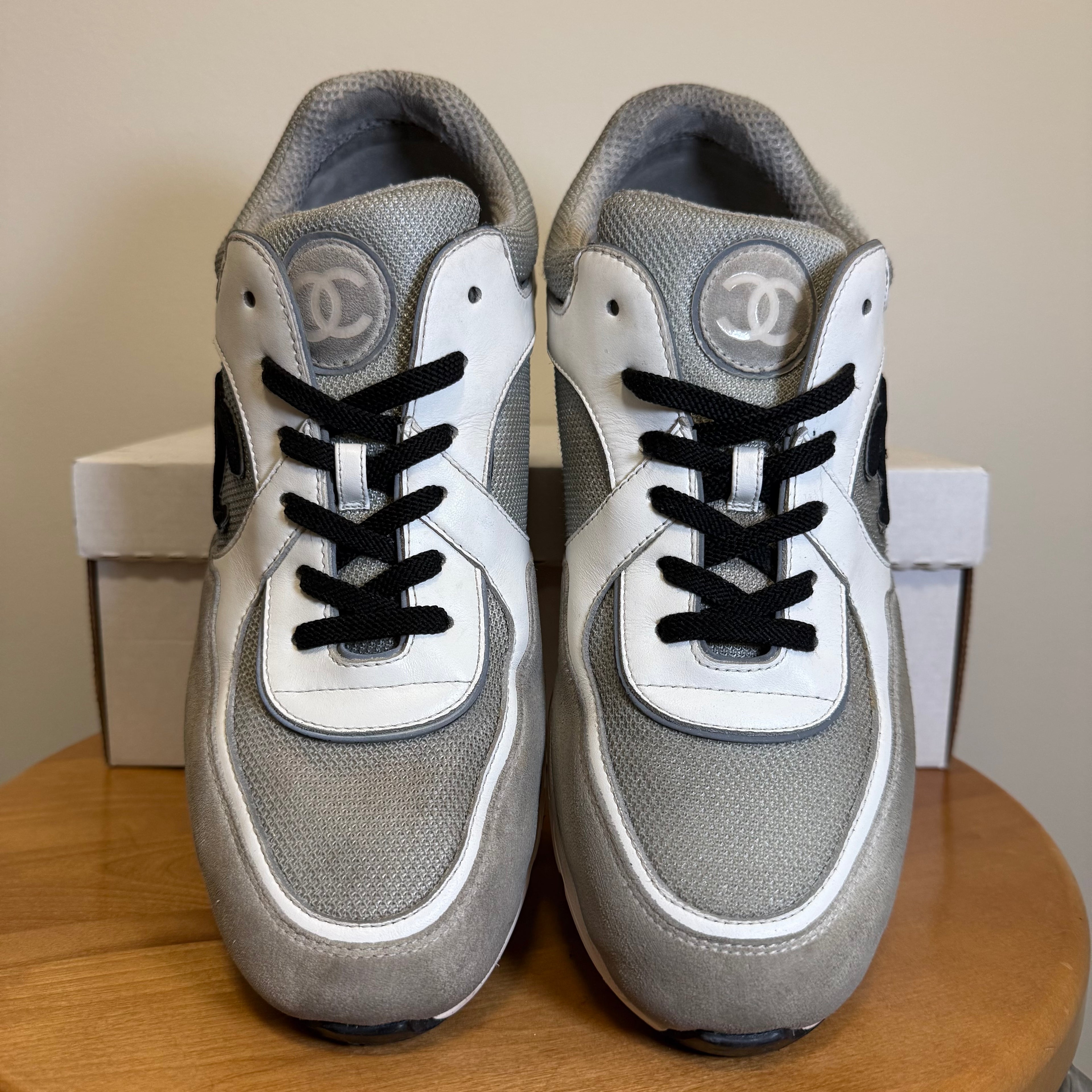 Chanel CC Logo Trainer White Light Grey Black Size 12 (45)