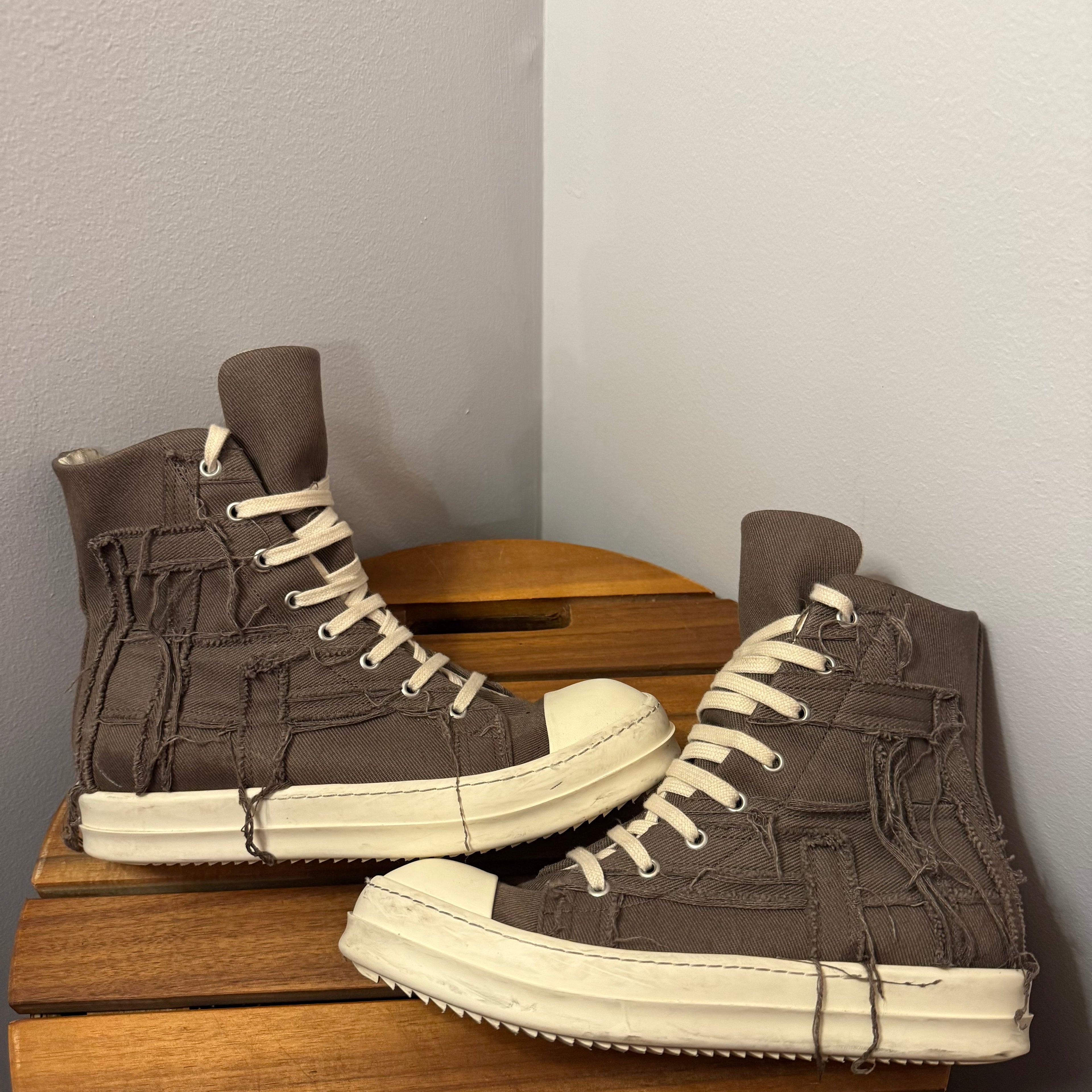 Rick Owens Brown Slashed Denim Sneaker Size 8
