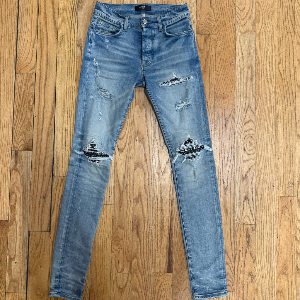 Amiri MX1 Blue Denim Black Paisley Patch Size 28