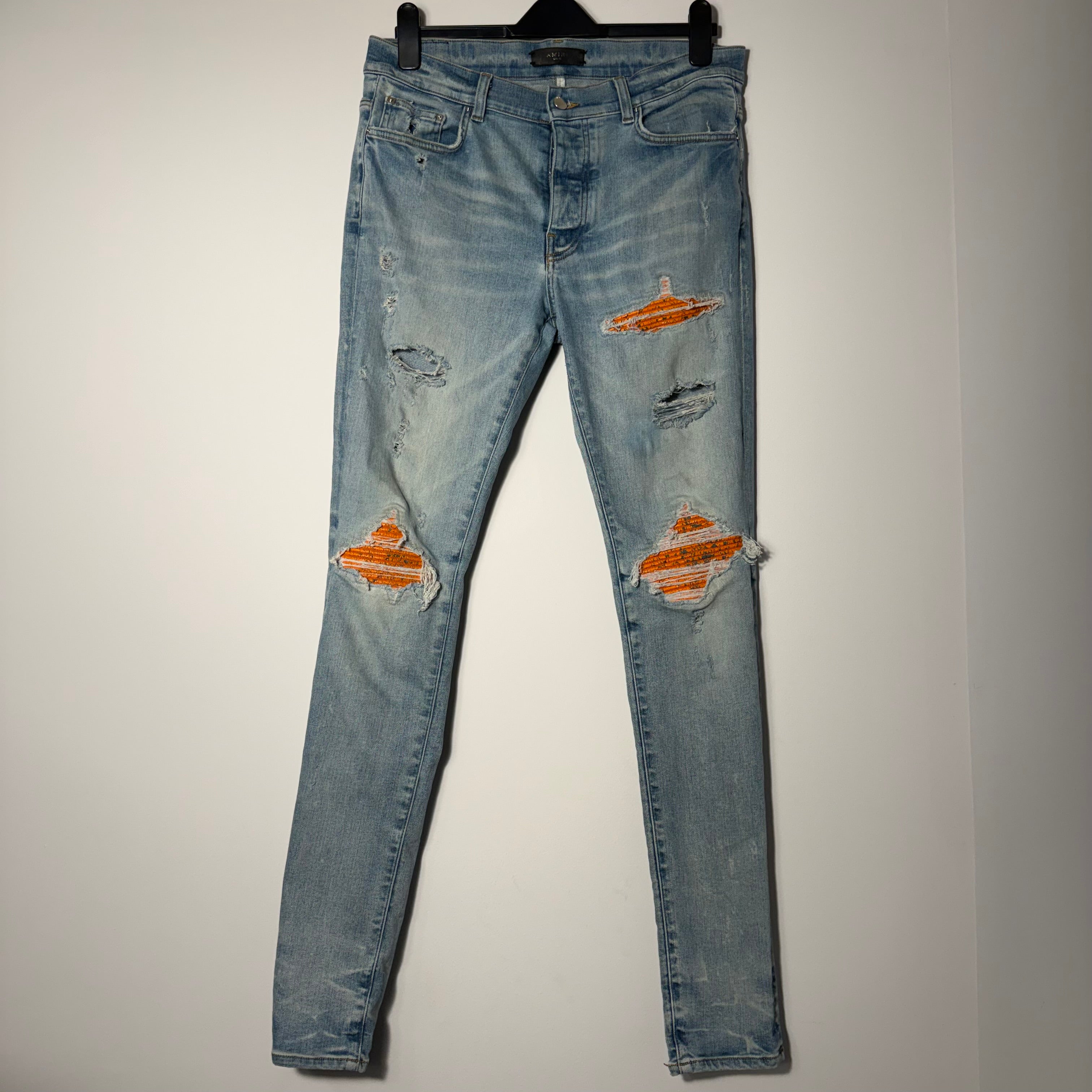 Amiri MX1 Cracked Orange Patch Blue Denim Size 33
